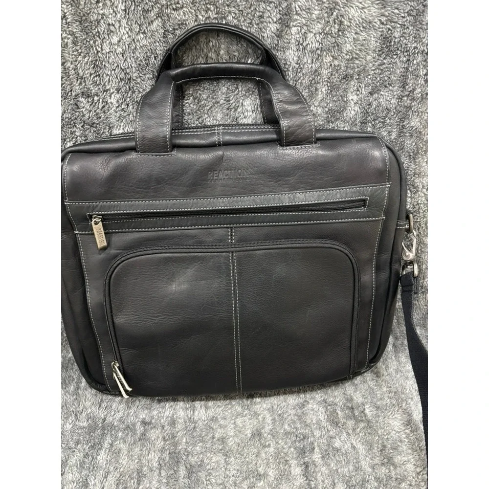Kenneth Cole Reaction Black Leather Laptop Briefcase Messenger‎ Bag